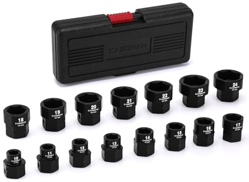 CASOMAN 15-Piece 1/2-Inch Drive Metric Stubby Low Profile Impact Socket Set, 10mm-24mm, No Skips Sizes, 6 Point, Cr-Mo, Shorter Socket for Tight Areas