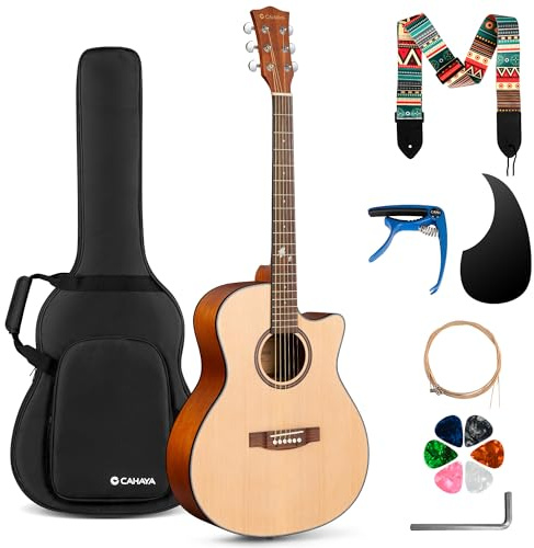 CAHAYA Acoustic Guitar Beginner Set - 41 Full Size Spruce Top Mahogany Body with Okoume Neck Rosewood Fingerboard, GA Cutaway Design, Balanced Rich Tone with Gig Bag, Strap, Capo, Strings & Picks