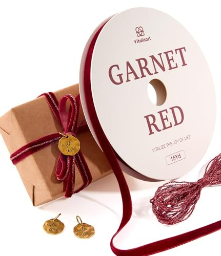 Vitalizart Rotes Samtband 0,95 cm x 13,7 m mit Schnur & Metallanhängern | Burgunderrotes Geschenkband Stoff für Weihnachtsgeschenkverpackungen, Schleifen, Baumschmuck, Basteln, Kränze
