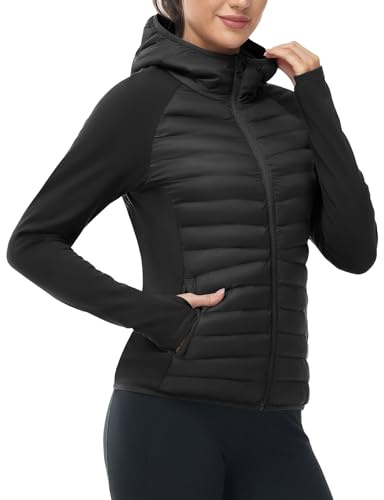 TBMPOY Women's Running Winter Jackets with Hood Warm Lightweight Insulated Water Resistant Puffer Jacket for Hiking Golf