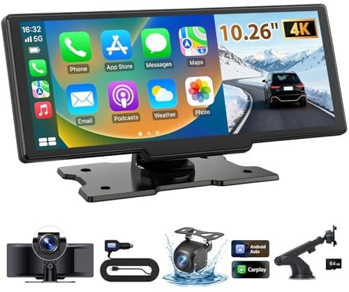 ELECROW 10,26 drahtloser tragbarer CarPlay-Bildschirm mit 4K-Front- und HD-Rückfahrkamera für Apple CarPlay & Android Auto, Mirror Link, Sprachsteuerung, FM, GPS-Navigation(ADAS) | Tragbares Touchscreen Autoradio für Apple Carplay & Android Auto, GPS Navigation, Mirror Link, BT, FM, Sprachsteuerung