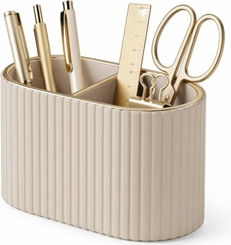 KINGFOM Stifte Organizer, Ovaler Stiftehalter Schreibtisch, 2 Taschen Stiftebox Stifteköcher, PU Leder Schreibtisch Organizer Stifte für Büro/Zuhause (Beige)