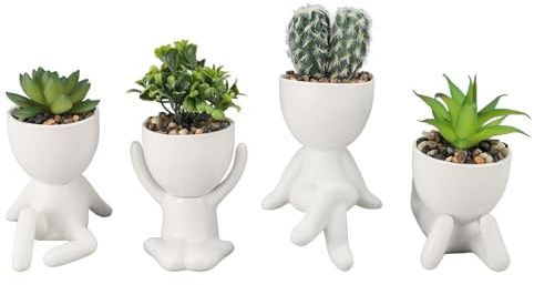 WALFRONT Pot Succulent Artificiel en Forme Humaine, Jardinière Mignonne en Céramique avec Fausses Plantes Succulentes pour la Décoration de la Maison et du Bureau, 4 Pièces