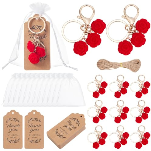 FREEBLOSS 40 Set Rosen Schlüsselanhänger als Gastgeschenk Inklusive 40 Organzabeuteln Und 40 Dankeskarten. Rosenmotiv Rucksack Schlüsselanhänger Für Gastgeschenke Und Partybedarf.