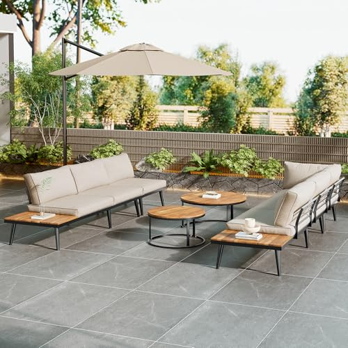 TOBIDOEN Gartenlounge Set 6-TLG für 5-6 Personen, 2 2er-Sofa und 2 Einzelsessel, 2 Akazienholz Tische, Eisengestell, Dicke Rutschfesten Kissen, Essgruppe für Terrasse Balkon Garten, Beige
