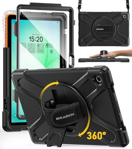 BRAECN Funda para Galaxy Tab A11+ - Funda Tablet Samsung A11 Plus 11 2025 | Funda Resistente con Protector de Pantalla, Soporte Giratorio de 360°, Correa de Mano, Correa para el Hombro, Negro