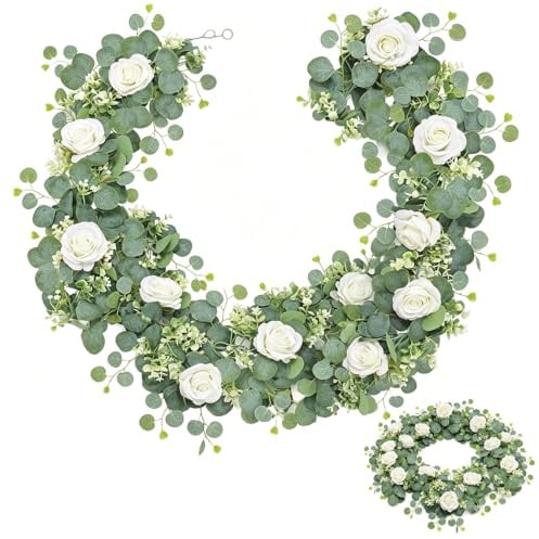 2er Set Kunstblumen Girlande Eukalyptus 1,8m mit Weißen Rosen | Biegbare Blumenranken, Künstliche Blumengirlande, für Frühjahrsdeko, Hochzeitsdeko, Tischläufer, Zuhause, Wand, Treppe