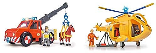 Simba 109258280 - Feuerwehrmann Sam Phoenix Rettungsfahrzeug mit Figur und Pferd & 109251002 - Feuerwehrmann Sam Hubschrauber Wallaby II mit Tom Thomas Figur