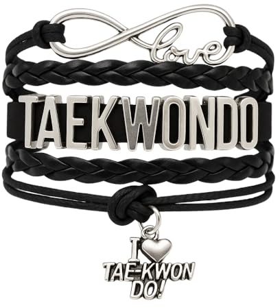 Sportybella Taekwondo Charm-Armband – Infinity Tae kwon do verstellbares Armband mit Kampfsport-Anhänger, Geschenk für Frauen und Jugendliche (schwarz), 17,8 cm, Silikon, Leder