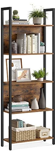 VASAGLE Bücherregal, Küchenregal, Standregal mit 5 offenen Regalebenen, Flur, Küche, Büro, stabiles Stahlgestell, Industrie-Design, 24 x 62 x 165 cm, vintagebraun-tintenschwarz LLS025B01