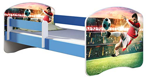 ACMA Kinderbett 160x80 cm Blau mit Matratze & Lattenrost – Jugendbett mit Rausfallschutz, personalisiertes Motiv 37 Fußballer 2, stabiles Kinderbett für Kinderzimmer, belastbar bis 120 kg