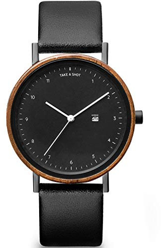 TAKE A SHOT Holzuhr - Holz Armbanduhr für Damen mit Datumsanzeige, Damenuhr mit Gehäuse aus Holz, Veganes Lederarmband schwarz, Durchmesser 37 mm, Gwen APVELSKIN