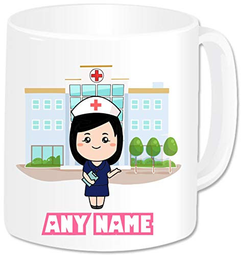 Personalised Nurse Gifts - Nurse Mug (Navy Blue Dress) - Staff Student Nurse Mentor Carer Medical School Hospital Key Worker Gifts Work Present for Women (Black Hair)