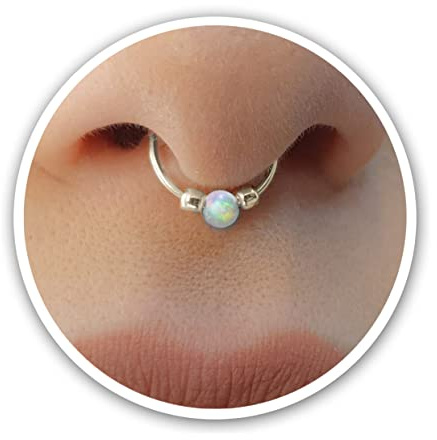 Silber gefälscht Septum - Kein Piercing benötigt - Dünn 20g 8mm Ring 3mm Weiß Opal - Sterling Silber Fake Septum Piercing