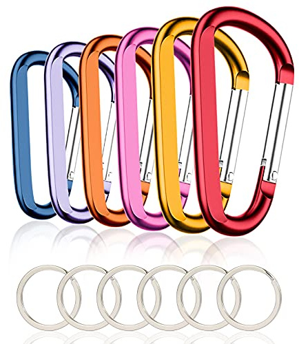 CampTek 6PCS Carabiner Caribeaner Clip,3 Large Aluminum D Ring Shape Carabeaner with 6PCS Keyring Keychain Hook (Orange+Red+Yellow+Navy+Pink+Pale Purple)