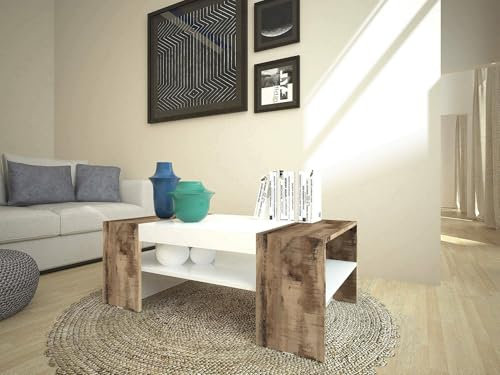 Dmora - Couchtisch Jonni, niedriger Couchtisch, Zeitschriftenständer, 100 % Made in Italy, 110 x 60 x 40 cm, glänzendes Weiß und Ahorn,