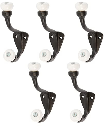 Hammer and Tongs White Ceramic Ball Hat & Coat Hooks - Pack of 5 - W30mm x H105mm - Vintage Black Wall Mounted Entryway Coat Hooks Storage Hanging for Clothes, Hats