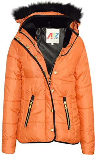 A2Z 4 Kids Girsl Padded Puffer Quilted Coat Faux Fur Collar Detachable Hood - Jacket Puffer 411 Orange 5-6