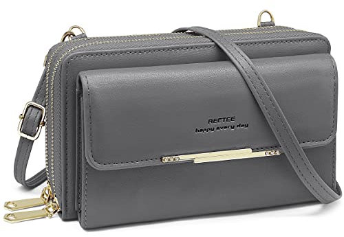 REETEE Handytasche Zum Umhängen Damen Handy Umhängetasche RFID Schutz Damen Geldbörse PU Leder Handy Geldbeutel mit 24 Kartenfächer Handy Schultertasche Reißverschluss Crossbody kleine Tasche(grau)