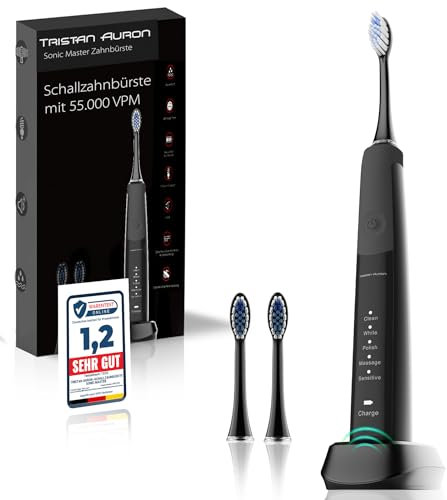 Tristan Auron Schallzahnbürste 55000 VPM - 60 Tage Akku - 2x Aufsätze - 5 Putzmodi - Wasserdicht - Ladegerät für elektrische Zahnbürste SonicMaster (Schwarz)