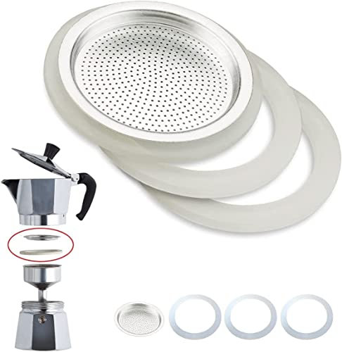 Guarnizione e Filtro Caffettiera Universale per Ricambi Moka 3x Anello di Tenuta in Lattice + 1x Filtro in Acciaio (2 tazze)