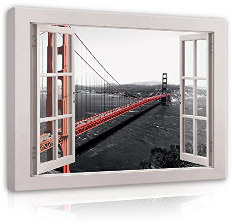 WallArena - Leinwand Bilder - Fensterbilck Fenster New York - 100x75 cm Leinwandbilder - Bild auf leinwand - Wandbild XXL groß Wandbilder für Wohnzimmer Schlafzimmer Wohnzimmerbilder Modern