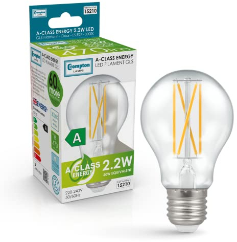 Crompton Lamps LED Ultra-Efficient GLS 2.2W ES-E27 A-Class (40W Equivalent) 3000K Warm White Clear 470lm ES Screw E27 A-Rated Light Bulb