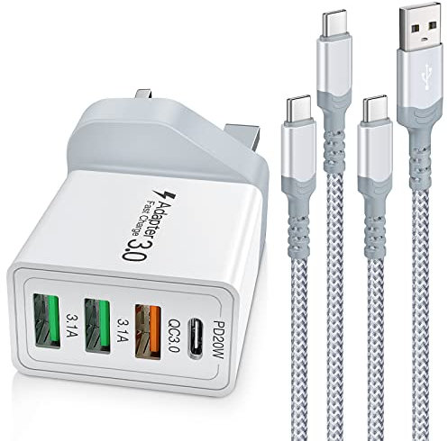 Fast charger Plug, Total 35W USB C Charger PD 3.0+QC 3.0 USB Plug Adaptor UK with 6FT USB C Cables, 4 Port Multi USB Plug Compatible with iPhone 15 Pro Max, Samsung Galaxy S22,S21,Note 10 9