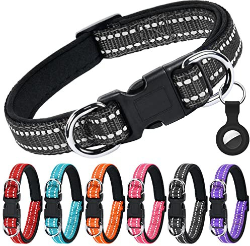 AUAUY Reflektierend Halsband Hund, Verstellbares Atmungsaktives Hundehalsband, Weich Gepolstertes Neopren Nylon Hunde Halsband mit AirTag-Hülle Doppel-D-Ring für Kleine Mittel Große Hunde(Schwarz-M)