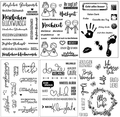 6 Stück Klar Silikonstempel Set, Frühling Stempel, Deutsch, für Scrapbooking Fotoalbum, Stempelset (Tägliche Grüße/Neugeborenenwünsche/Hochzeitswünsche/Zuneigungsbekundungen/Aufrichtige Wünsche)