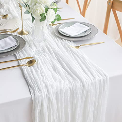 DROMCOM 10 Stück 90 x 300cm Weiß Seihtuch-Tischläufer lang Rustikaler Gaze-Tischläufer, Romantischer Halbtransparenter Stoff Tischdecke Tischläufer Boho für Hochzeit Dekoration, Geburtstagsparty