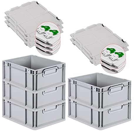 PROREGAL SuperSparSet 5x Eurobox NextGen Grip mit Scharnierdeckel und grünen Schiebeschnappverschlüssen, HxBxT 17x30x40cm, 16 L, Grau, Griffe geschlossen, Eurobehälter, Transportbox