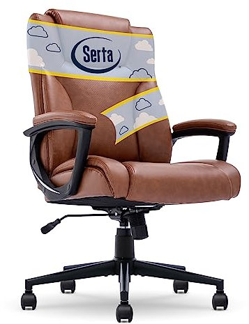 Serta Connor Chefsessel Bürostuhl, ergonomischer Computerstuhl mit geschichteten Körperkissen, konturierte Lendenwirbelsäule, verstellbare Sitzhöhe, Lederfaserstoff, Cognac