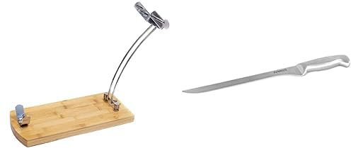 Fackelmann Set Jamonero, Incluye Soporte Jamonero Plegable de Madera de Bambú y Cuchillo Jamonero Nirosta Saphir 35 cm de Acero Inoxidable, Hoja de 23 cm