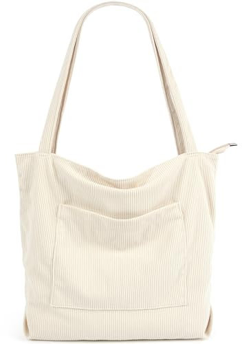MAMUNU Cord Tasche Damen Groß Umhängetasche Tote Bag mit Reißverschluss Schultertasche Handtasche Shopper Beuteltasche Stofftasche Groß für Alltag Arbeit Büro Reisen College Schule Einkaufen