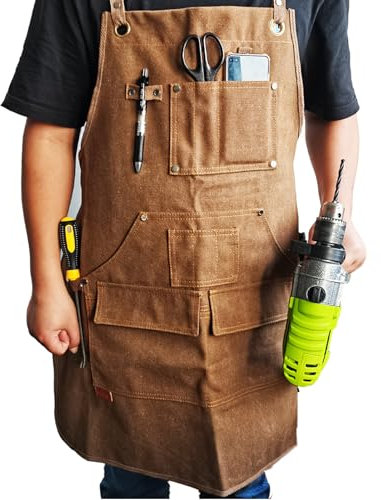 EZZLife Work Aprons, 29.53 x 24.80in(75x63cm) Heaavy Duty Carpenters Working Canvas Apron with Pockets, Tools Aprons for Garden, Pottery, Workshop and Crafts Work - Brown