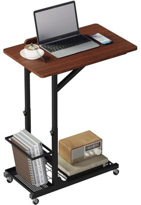 uyoyous Beistelltisch,C-Form, Sofatisch mit Rollen,mobiler Schreibtisch,couchtisch Belastbarkeit 20 kg,Höhenverstellbarer Winkel,laptoptisch mit stauraum,64 x 40 x 55 cm (braun-schwarz)