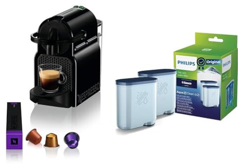 Nespresso De'Longhi EN 80.B Inissia, Hochdruckpumpe, Energiesparfunktion, kompaktes Design, 1260W, 32 x 12 x 23 cm, Dunkle Schwarz & Philips AquaClean Kalk- und Wasserfilter für Espressomaschinen
