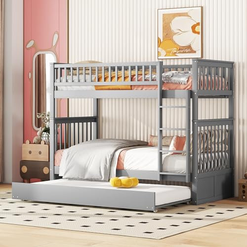 Kehun Kinderbett Etagenbett 90×200 cm mit Leiter, Hochbett Doppelbett mit Ausziehbares Rollbett für 2-3 Kinder, Holzbett mit Rausfallschutz und Lattenrost, Grau, Ohne Matratze