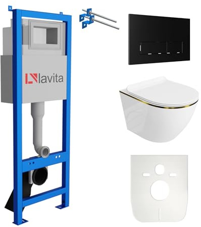 Lavita LAV 101 Vorwandelement für WC 40cm + Wand Hänge Tiefspül WC SOFI SLIM GOLD LINE Spülrandlos + Bedienplatte LAV 200.3.4 Schwarz + WC Sitz mit Absenkautomatik Komplettset Unterputz Spülkasten WC