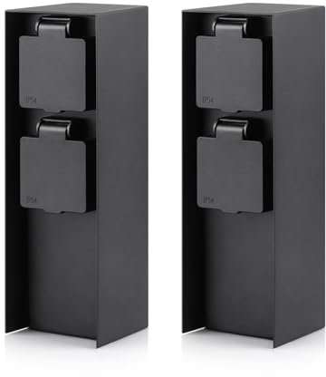 Gartensteckdosensäule mit 2 Steckdosen, max. 3680W, IP44, Aluminium Außensteckerdose, für den Außenbereich - eckig schwarz - 2 Stück