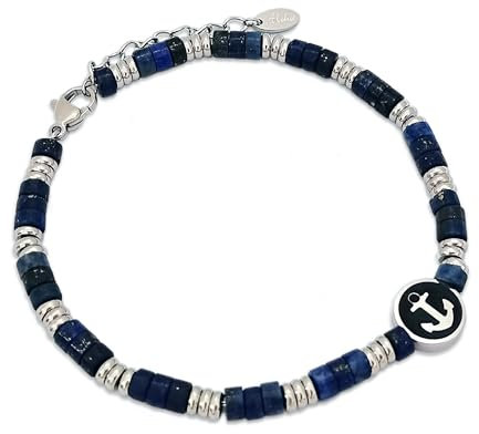 Aloha® Bracciale Nautico Uomo Ancora Rosa dei Venti Pietra Naturale Agata Blu e Sfere in Acciaio Idea Regalo Regolabile (Ancora)