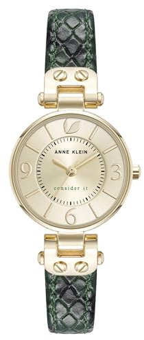 Anne Klein Women's Sustainable Leather Strap Watch, AK/5144 Green/Gold
