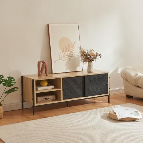 [en.casa] Mobile TV Tavolino Porta TV con Scomparti Aperti e Ante Scorrevoli Armadio Basso Stand TV e Centri Multimediali 120 x 40 x 45 cm Effetto Rovere/Nero