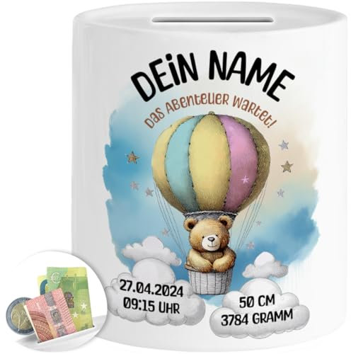 Tassenliebling® Spardose Geburt Baby mit Namen und Geburtsdaten personalisiert - Geschenk zur Geburt für Mädchen oder Junge - Kinder Sparbüchse Bär - Keramik