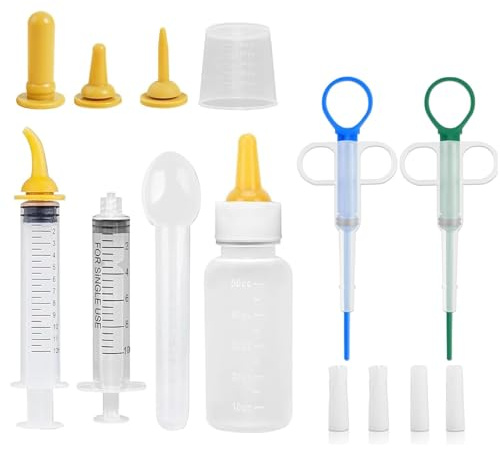RFYTDCF Pack of 11 Cat Breeding Bottle with Pill Dispenser for Cats, Breeding Milk Cat Set, Removable Pet Feeding, Silicone Nipple and Syringes, Mini Bottle, Measuring Cup for Cat Breeding Milk