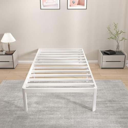 KVLKBV Einzelbett 90 x 190 cm, weißes Gestell mit Antirutsch-Pattinen und großem Stauraum (35,5 cm), ideal für Schlafzimmer und Gästezimmer