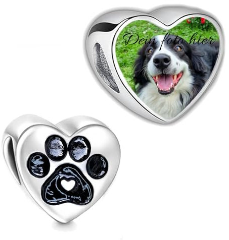 Personalisiert Schmuck Foto Charm Liebes Herz kompatibel mit Pandora Armband, Klar oder Hunde-, Katzenpfote Edelstahl Fügen Sie Ihr Bild hinzu (Gravierte Pfote)