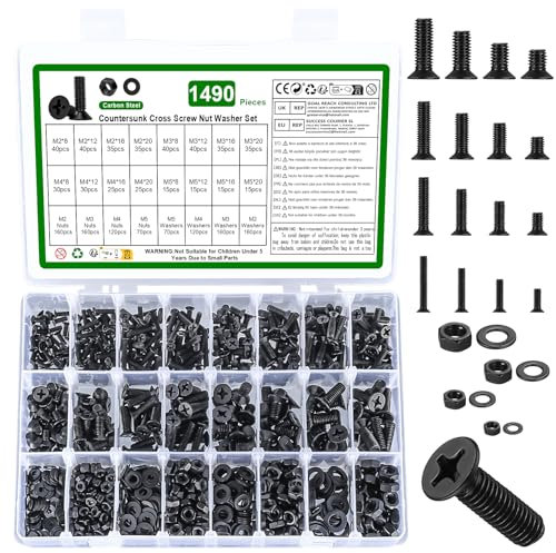 1490 Pcs Vis M2 M3 M4 M5 Vis Boulons et écrous, Vis et écrous, Vis Boulons à Tête Fraisée Cruciforme et écrous, Boulons Vis à Tête Plate, Vis à Tête Cruciforme avec Rondelles Noires Assortiment Kit