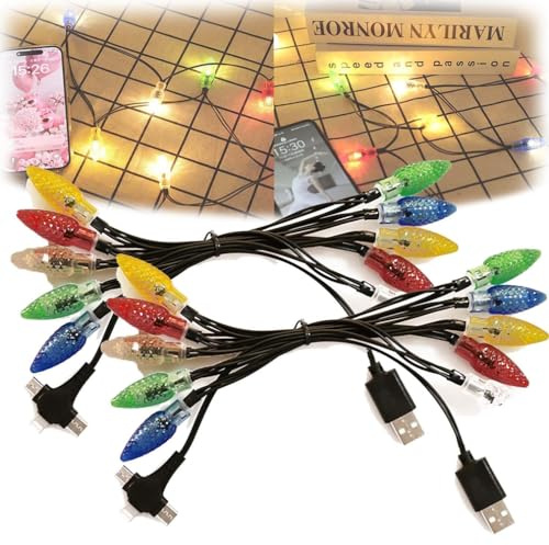 2 Stück 3 in 1 Christmas Light Charger, 3 in 1 Weihnachtslicht-Ladegerät, Lichterkette Datenkabel Ladegerät, USB Ladekabel, 10 LED-Lichterkette USB-Glühbirne Handy-Ladekabel